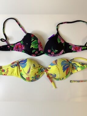 Floral Print Underwire Bikini Top - Black and Yellow